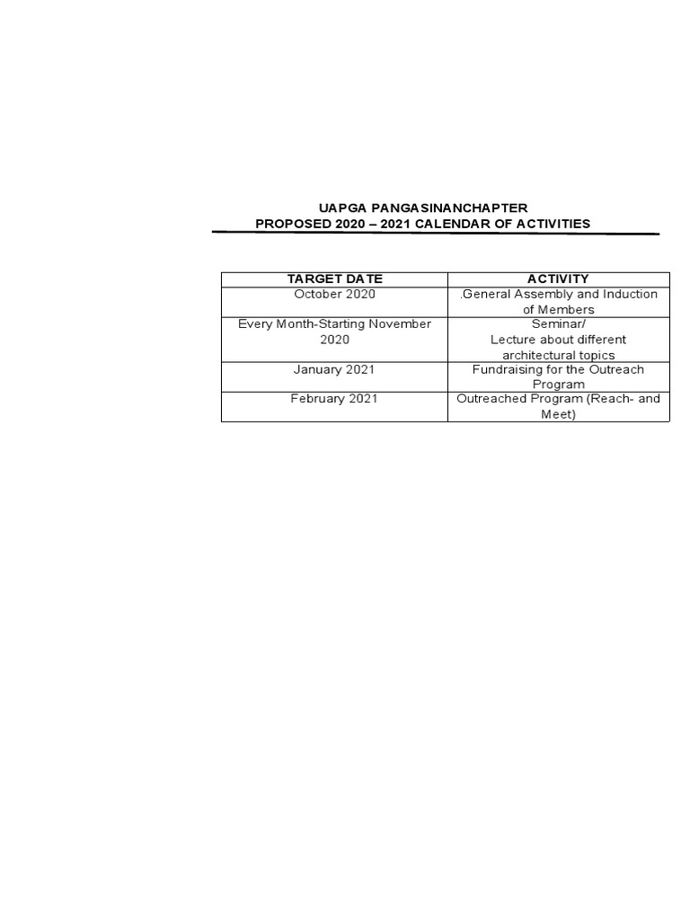 Calendar of activities format pdf