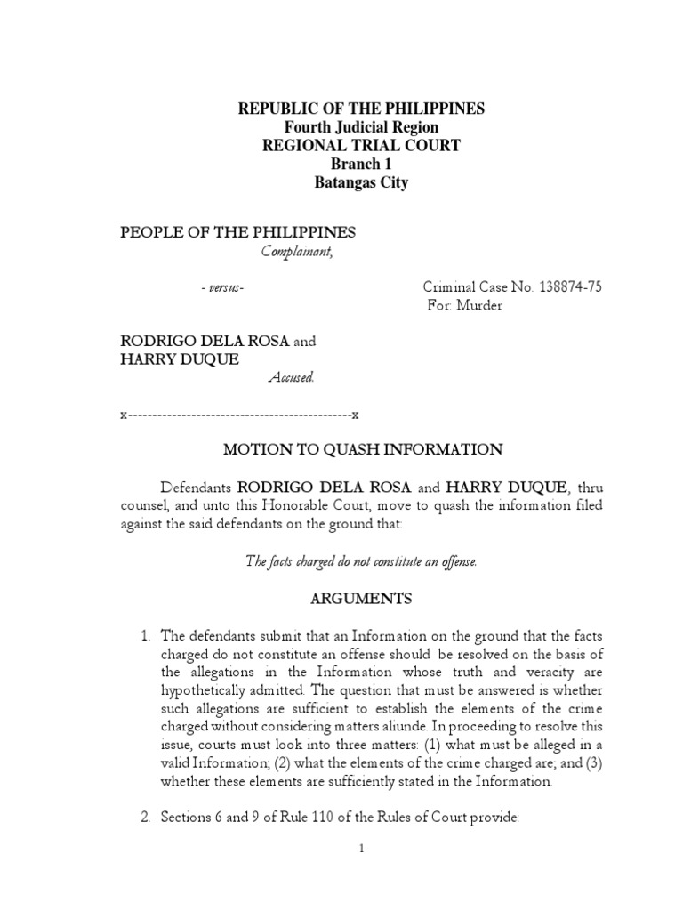 Sample Motion To Quash Information PDF | PDF | Murder | Crime 