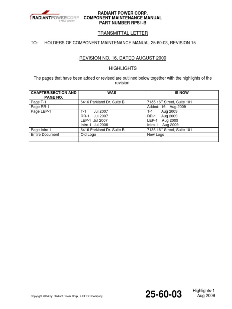 Transmittal Letter TO Holders of Component Maintenance Manual 256003, Revision 15 PDF