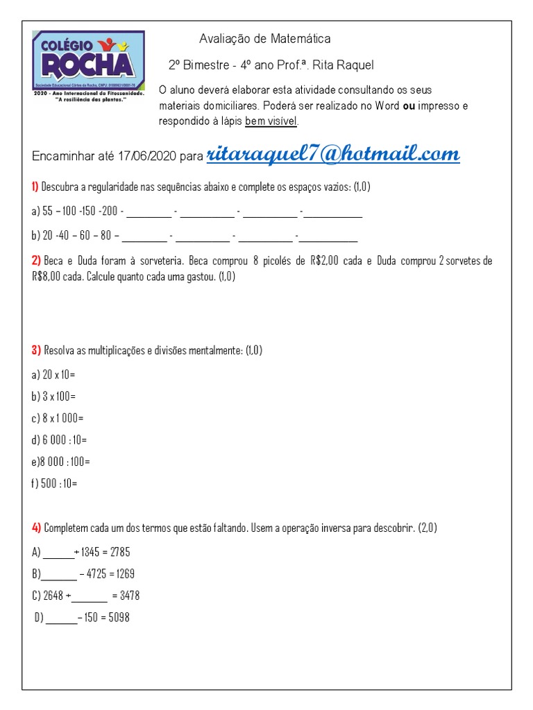 Quiz De Matemática Quarto Ano