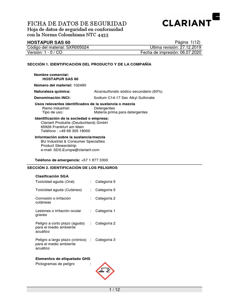 Clariant SDS Hostapur SAS 60 Colombia Spanish PDF Toxicología Toxicidad