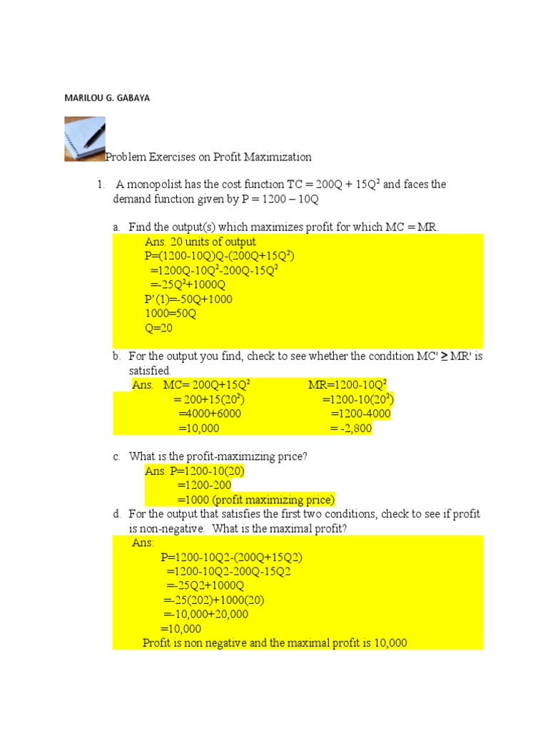 Profit Maximization Exercises and Solutions | PDF | Profit (Economics ...