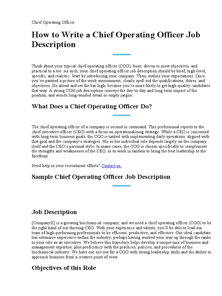 COO Job Description Template | PDF | Chief Operating Officer | Chief ...