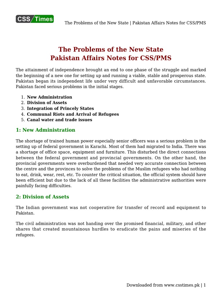 The Problems of The New State - Pakistan Affairs Notes For CSS - PMS ...
