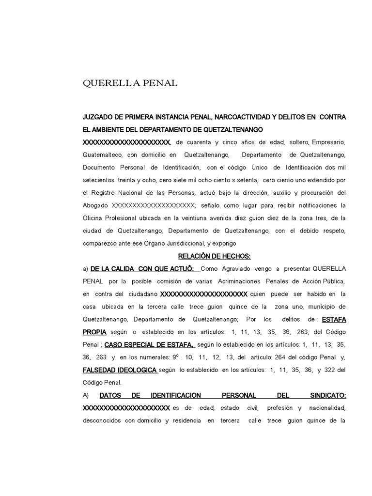 Querella por Estafa Propia en Guatemala | PDF | Trucos de confianza | Queja