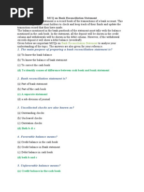Bank Reconciliation Statement MCQs Financial Accounting