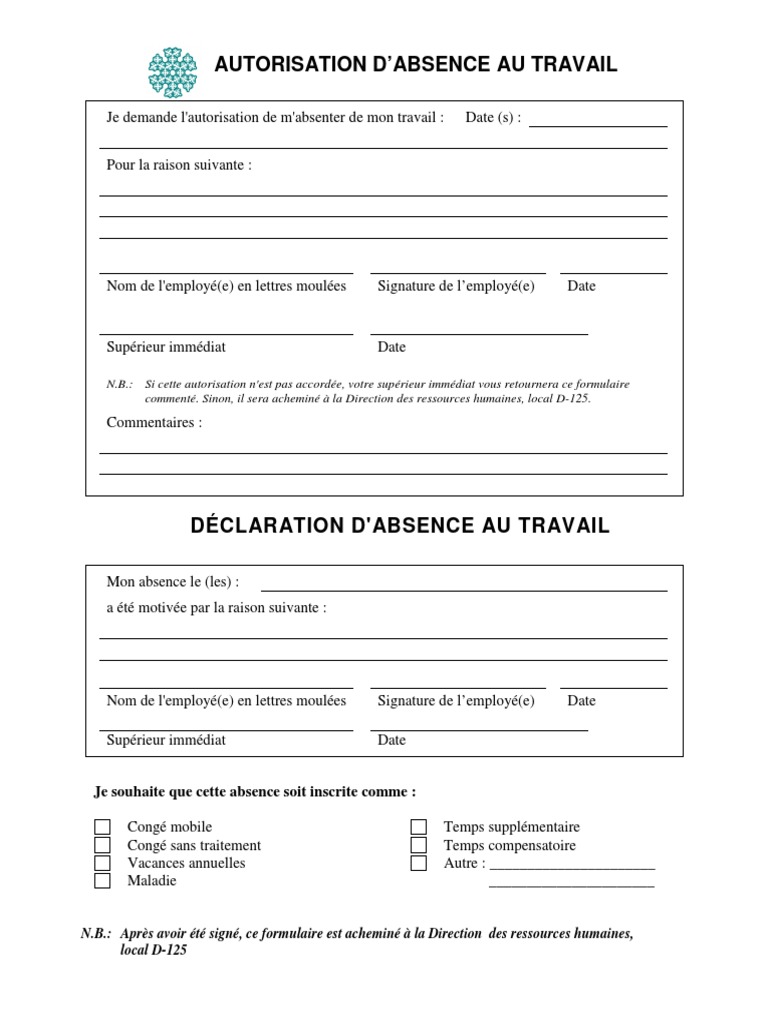 Autorisation D'absence Au Travail | PDF