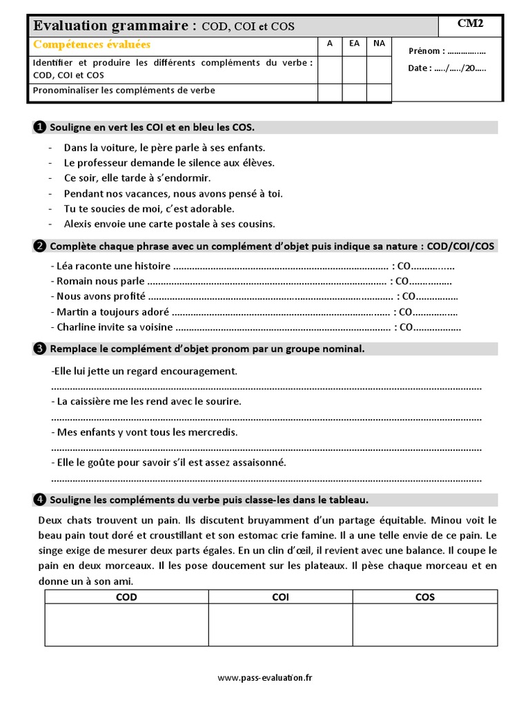 évaluation Groupe Nominal Cm2 Avec Correction Évaluation Bilan Sur Le COD COI COS Au Cm2 | PDF
