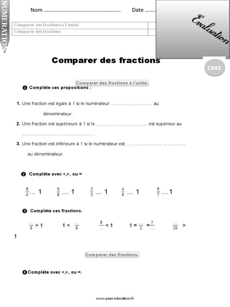 Exercices Fractions : Cm2 Avec Corrigés Comparer Des Fractions À L'unité CM2 Evaluation Bilan | PDF
