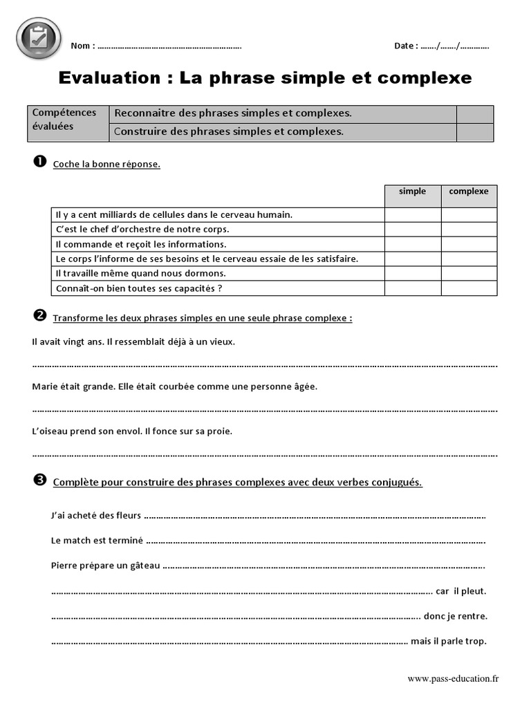 Le Groupe Verbal Exercices Corrigés Cm2 Pdf Phrase Simple Et Complexe Cm2 Evaluation Bilan | PDF