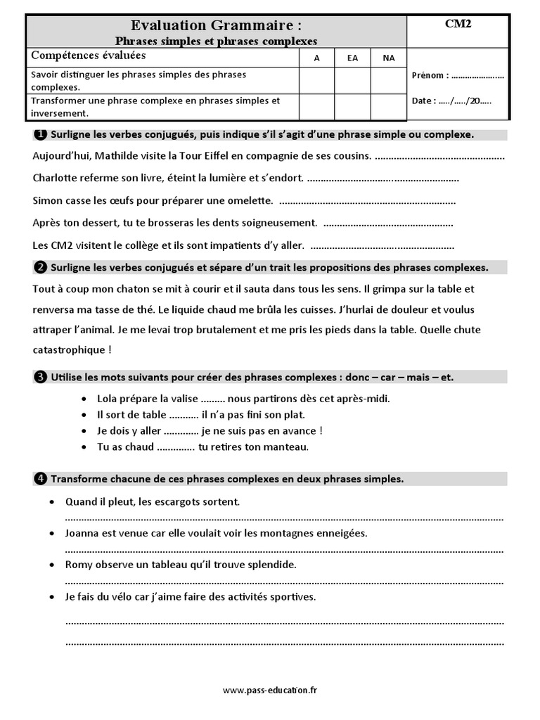 Exercices Phrases Simples Et Complexes 6ème Pdf Evaluation Phrases Simples Et Complexes CM2 | PDF