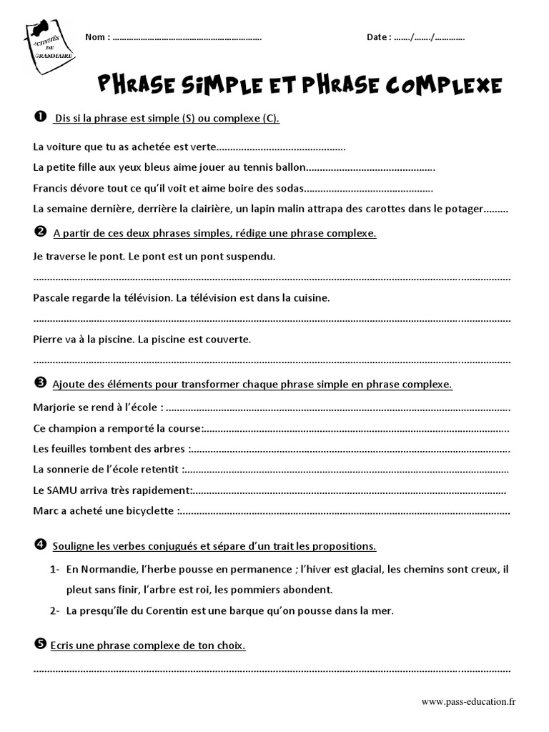 Exercices Phrases Simples Et Complexes 6ème Pdf Phrase Simple Et Complexe Cm2 Exercices PDF | PDF