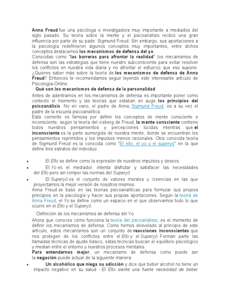 Los Mecanismos de Defensa Del Yo Anna Freud. | PDF | Carné de identidad ...