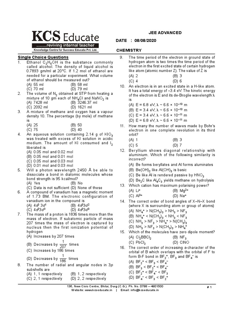 Chemistry Practice Questions | PDF | Gases | Atomic Orbital