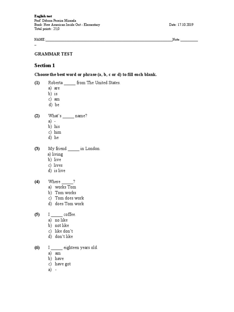 Test 1 - New American Inside Out | PDF | English Language | Symbols