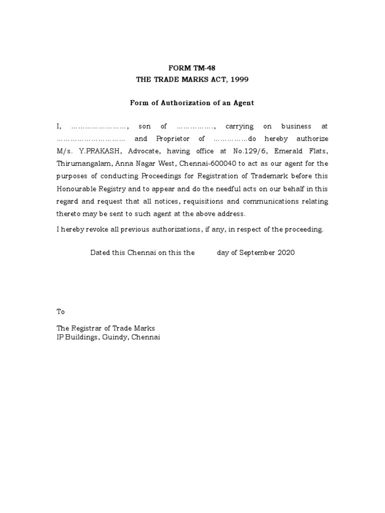 Trademark Agent Authorization Form TM-48 | PDF | Business | Law