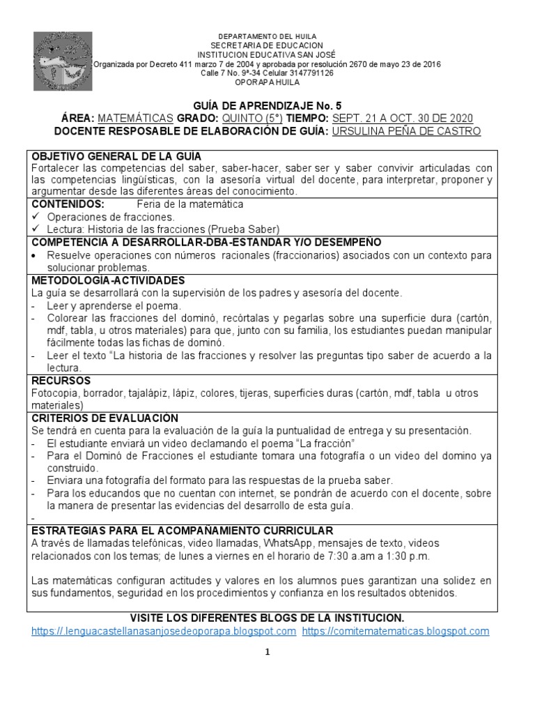 Guía de Fracciones para Quinto Grado | PDF | Fracción (Matemáticas ...