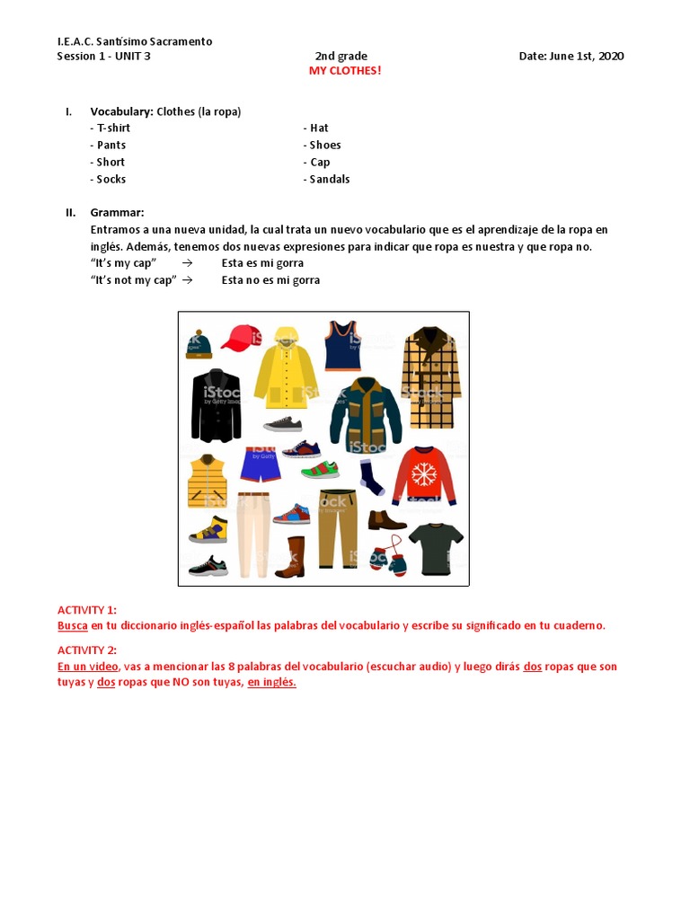 Vocabulario y Gramática de Ropa 2° Grado | PDF