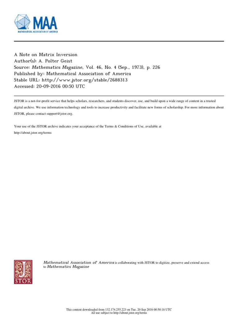 Mathematical Association of America Mathematics Magazine PDF Matrix