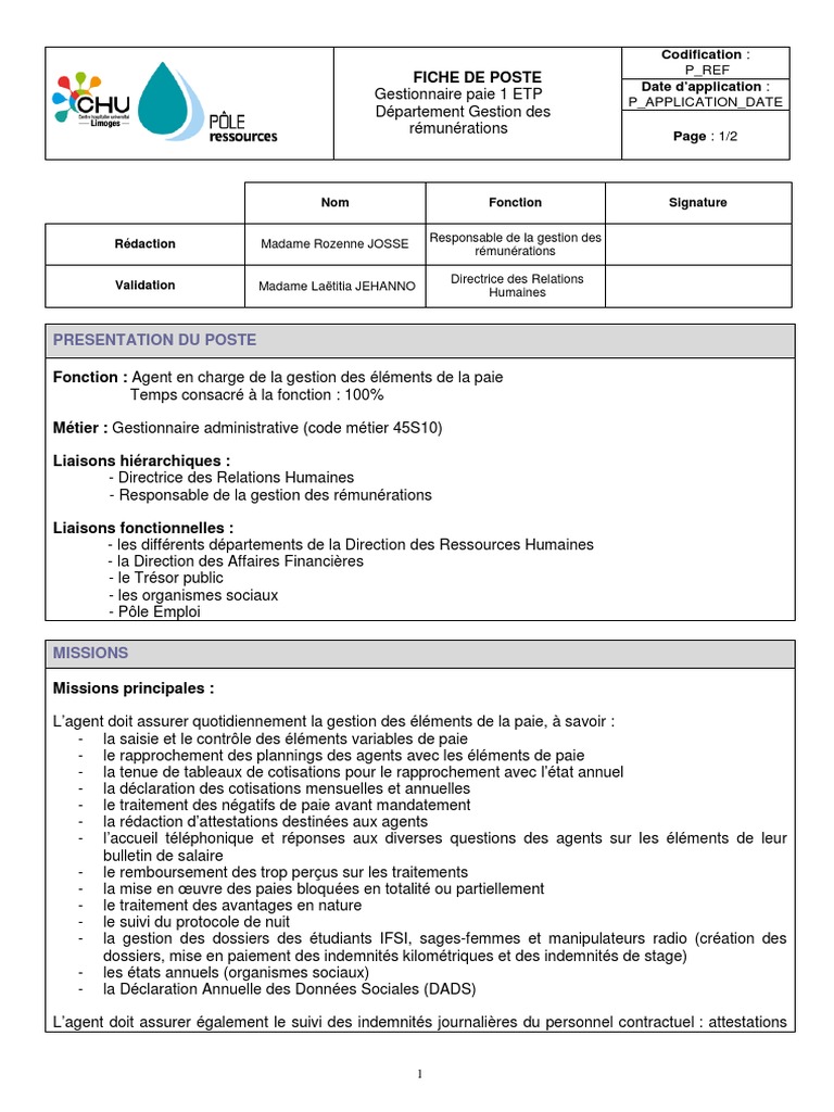Fiche de PosteAdjoint Administratif  Secteur Paie  PDF  Gestion des