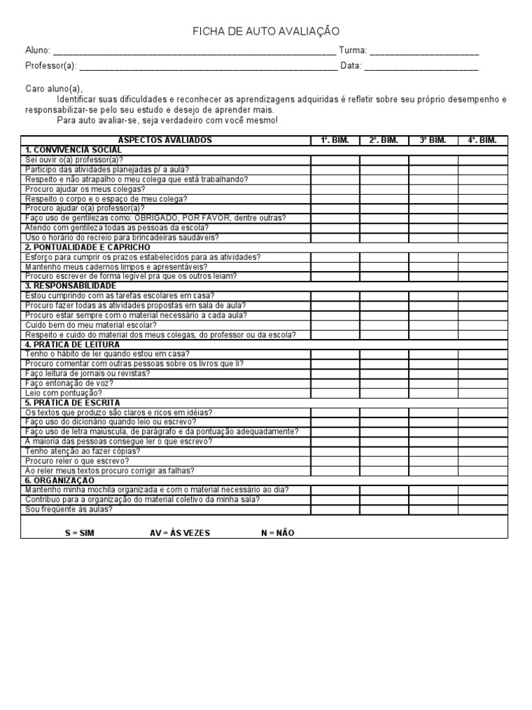 Ficha de Autoavaliação do Aluno | PDF | Carreira e Crescimento | Autoajuda