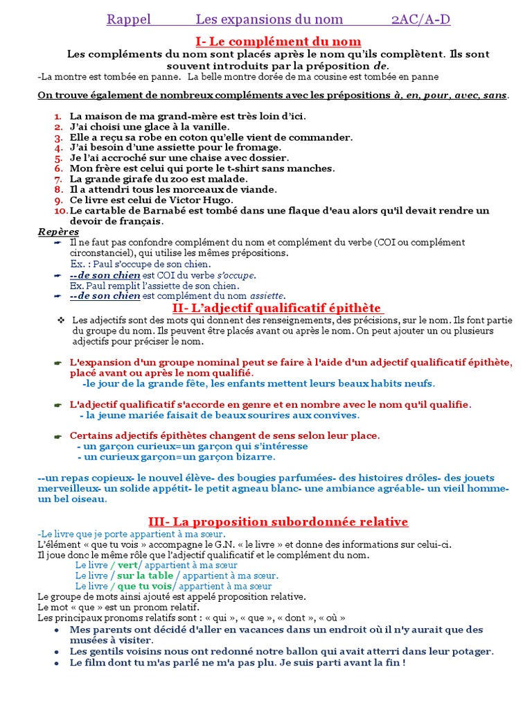 Les Expansions Du Nom Exercices Corrigés 3eme Pdf EXPANSIONS | PDF | Adjectif | Complément d'objet