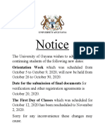 NOTICE - University of Guyana Orientation and First Day of Classes New Dates