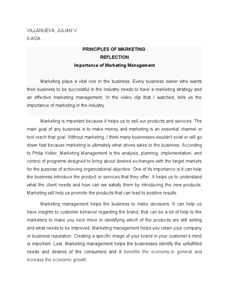 Principles of Marketing Reflection Importance of Marketing Management | PDF