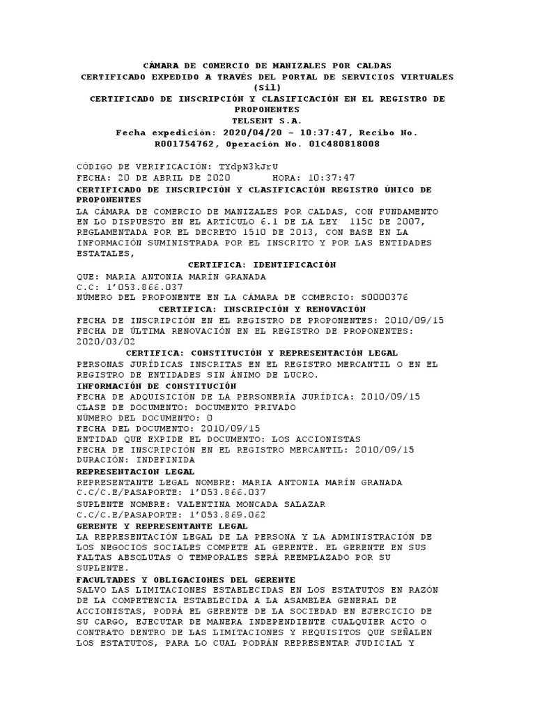 B.1. Certificado de Registro Unico de Proponentes RUP | PDF | Economias ...