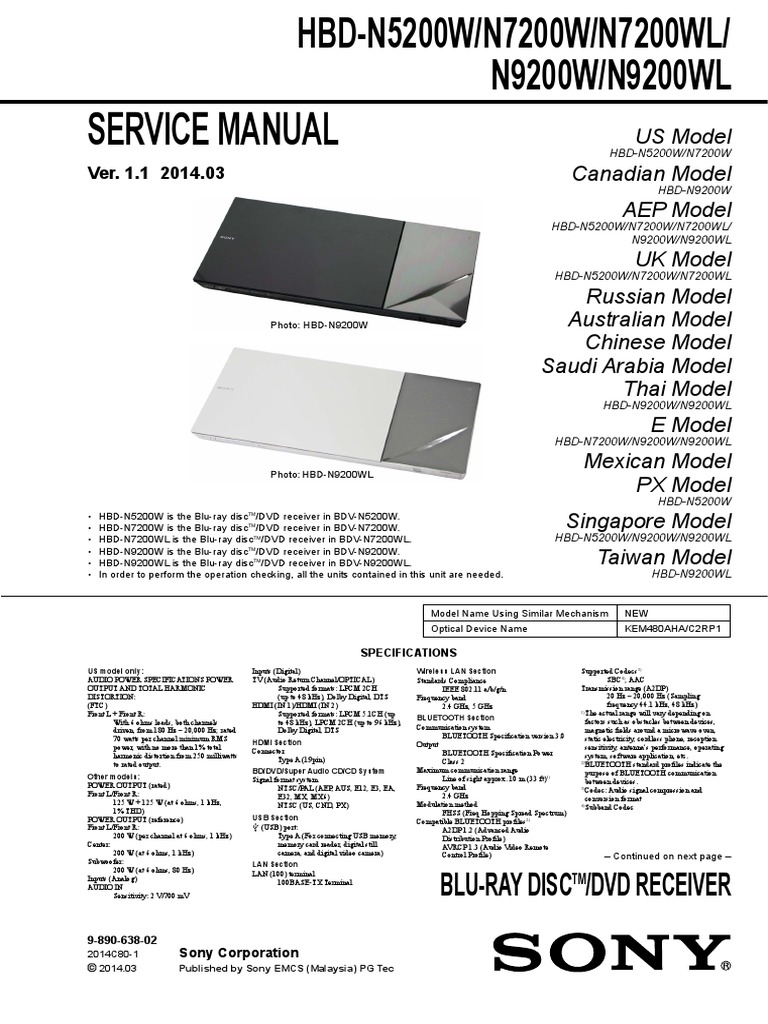 SONY HBD-N5200W - 7200W - WL - 9200W - WL - Ver. 1.1 | PDF | Hdmi.