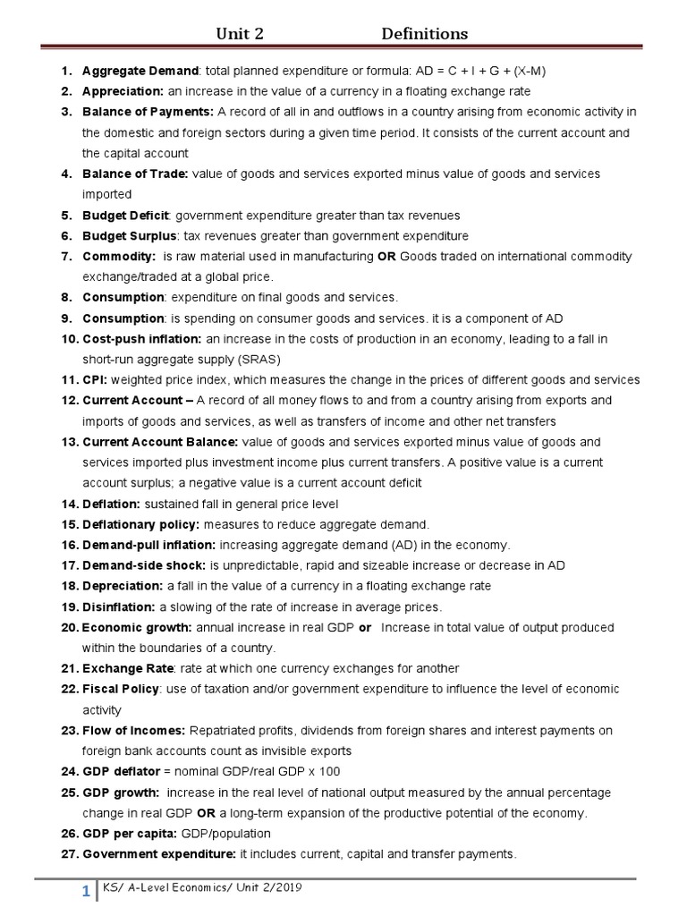 Unit 2definition Set | PDF | Gross Domestic Product | Inflation