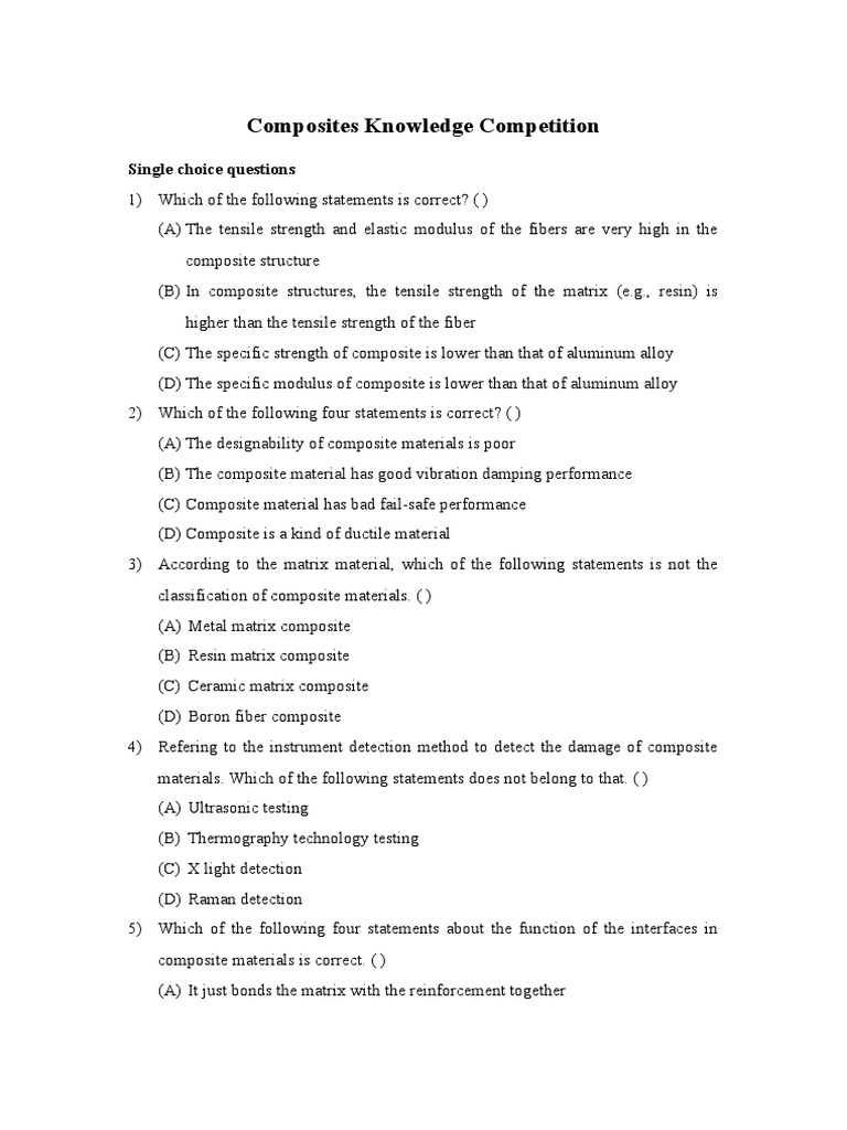 Composites Knowledge Competition Single Choice Questions PDF Composite Material Fibers