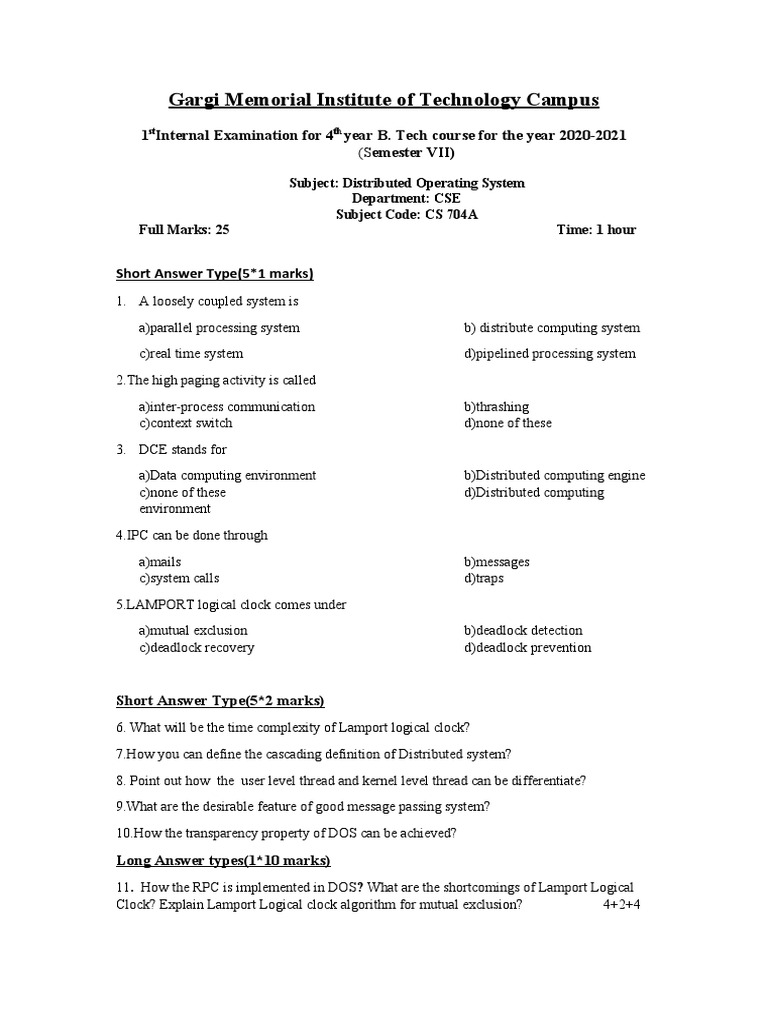 B. Tech Distributed OS Exam Questions | PDF | Teaching Methods ...