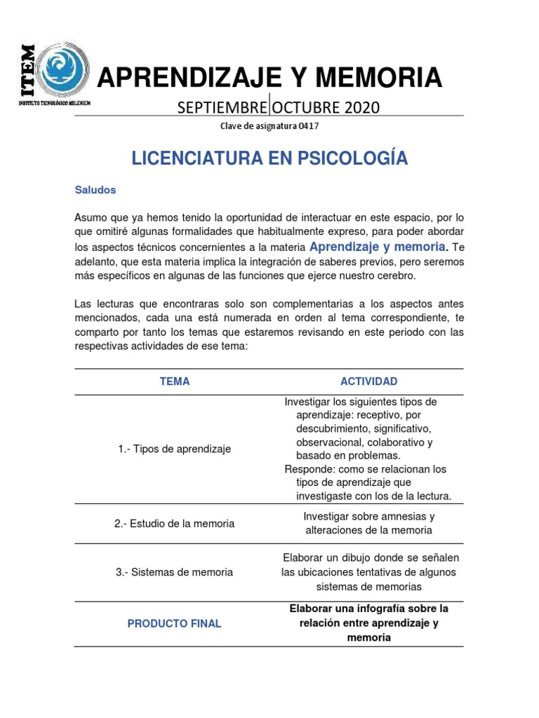 Aprendizaje y Memoria en Psicología | PDF | Memoria | Aprendizaje
