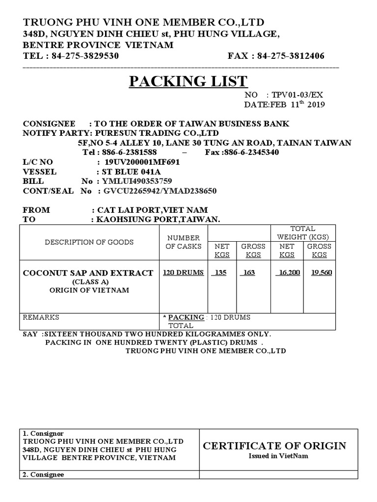 Packing List Truong Phu Vinh One Member Co.,Ltd PDF Vietnam