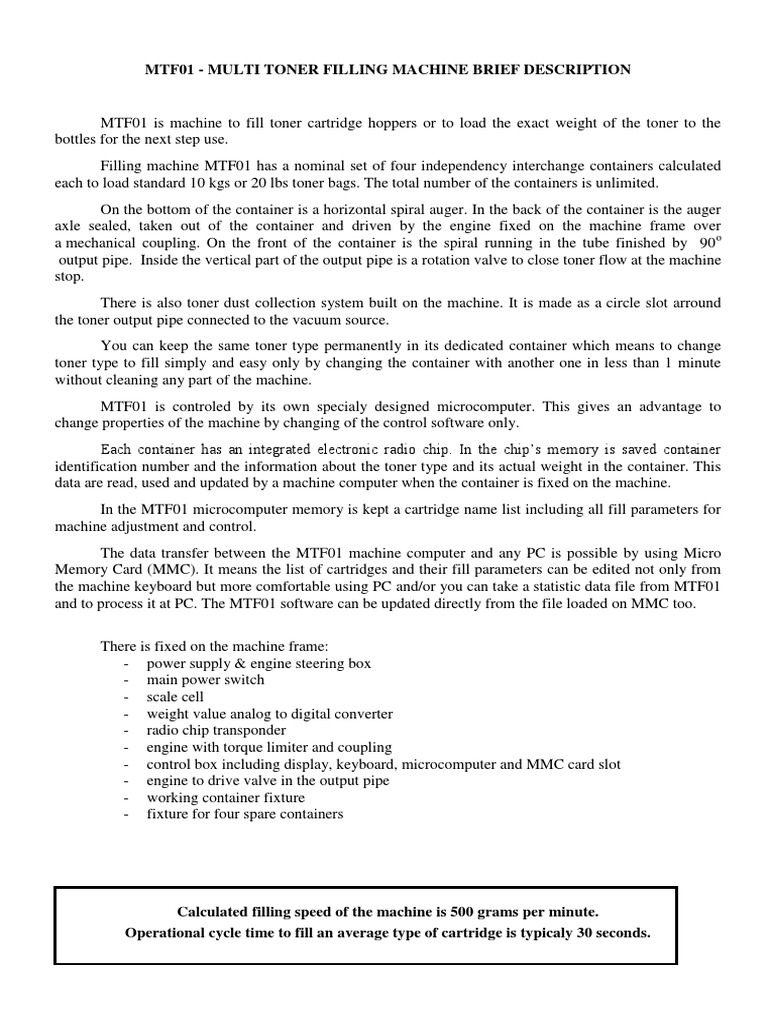 Mtf01 Multi Toner Filling Machine Brief Description PDF Machines