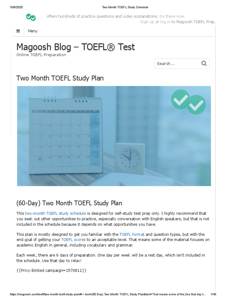 Two Month Toefl Study Schedule Pdf Test Of English As A Foreign