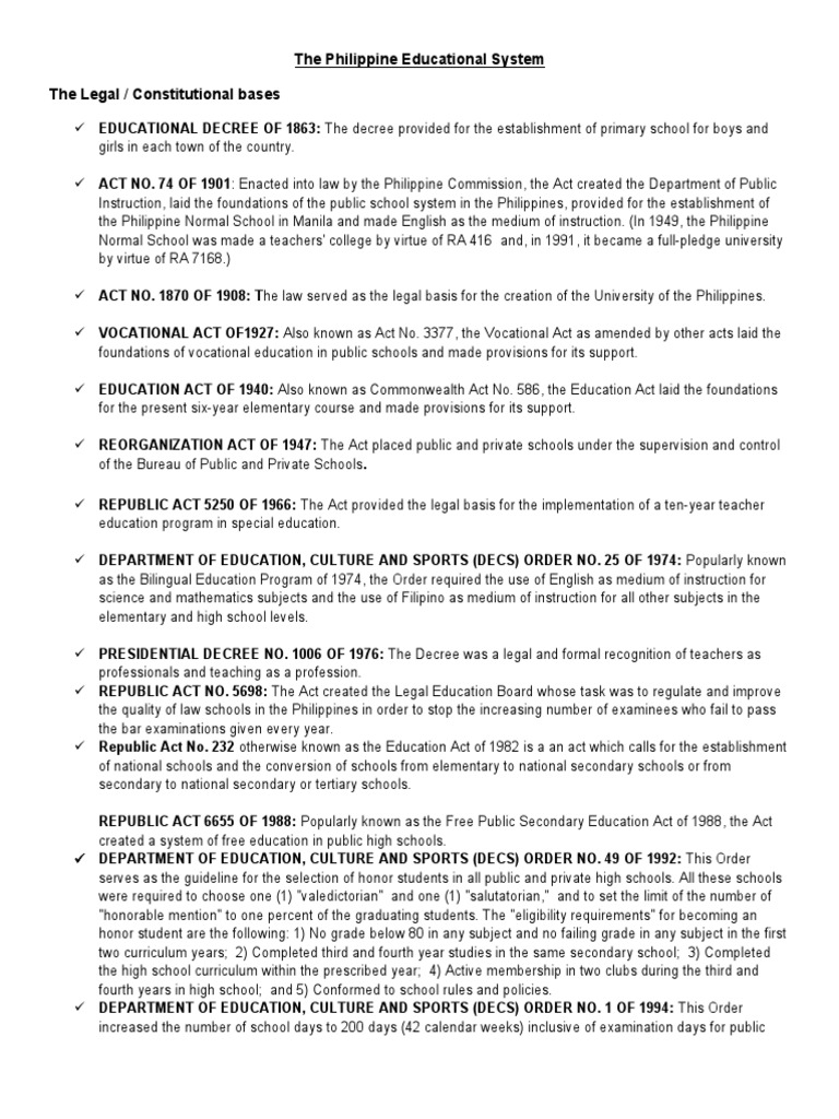 The Philippine Educational System The Legal / Constitutional Bases ...
