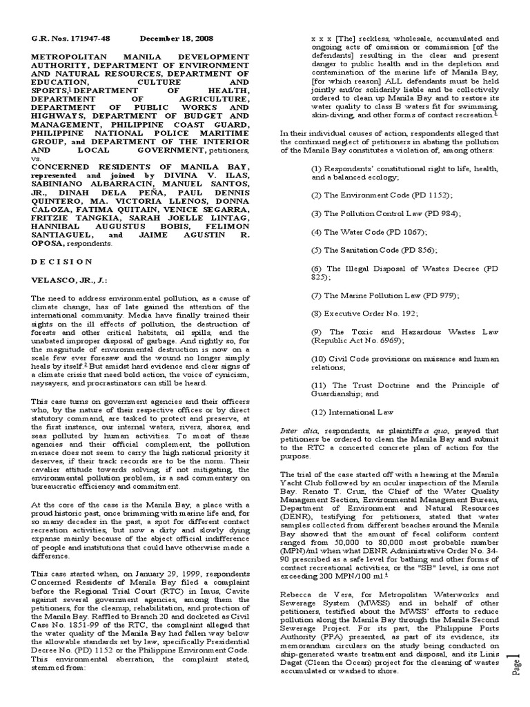 Manila Bay Pollution Cleanup Case Decision | PDF | Waste Management ...