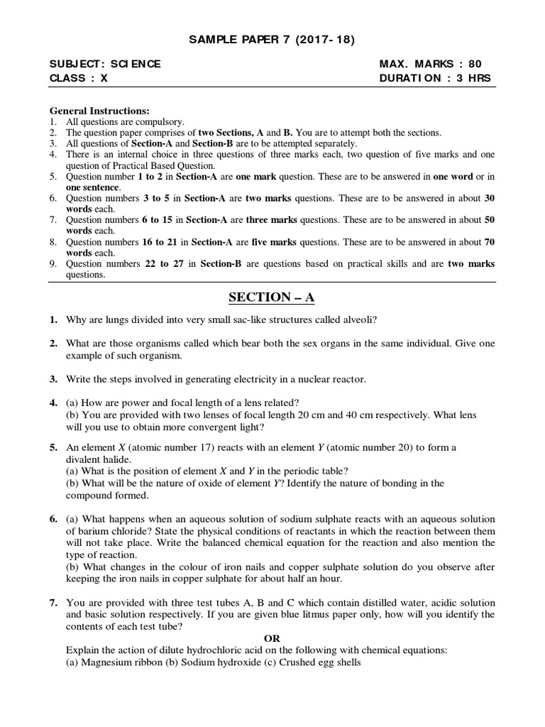Section - A: SAMPLE PAPER 7 (2017-18) | PDF | Chemical Reactions | Mirror