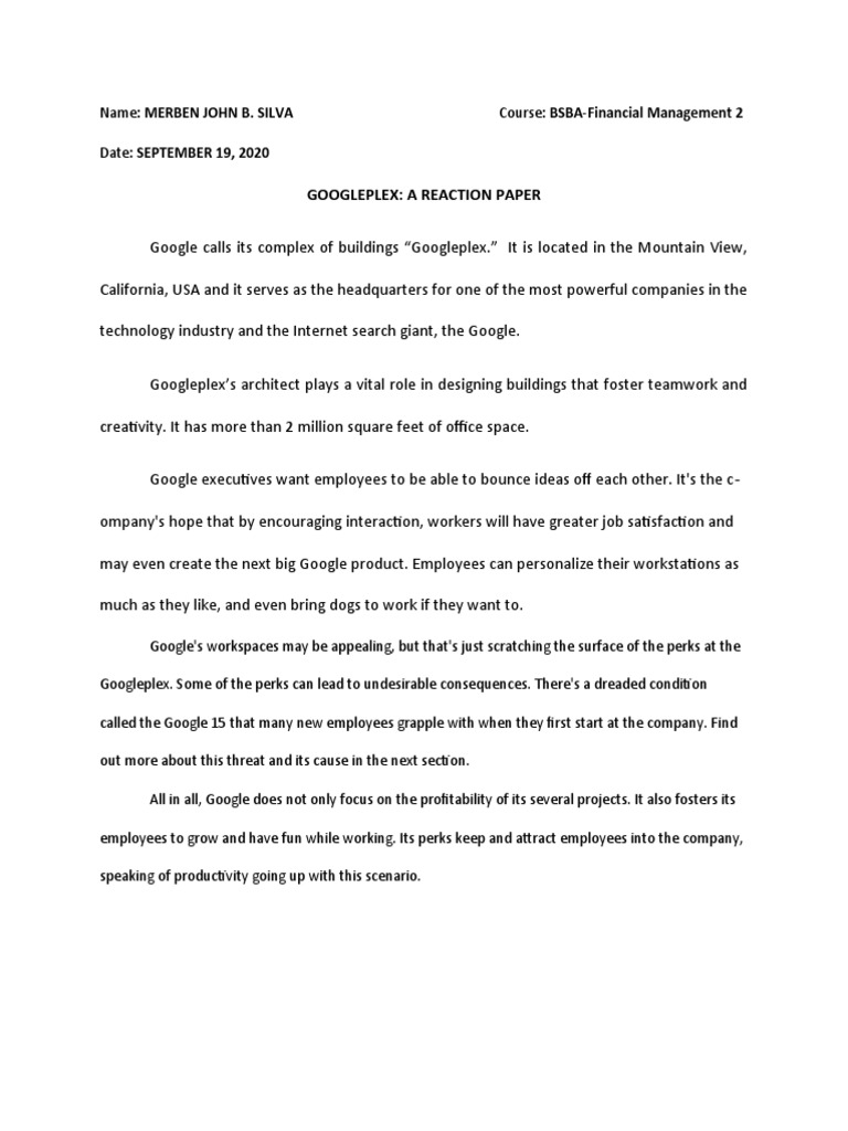 Googleplex: A Reaction Paper | PDF