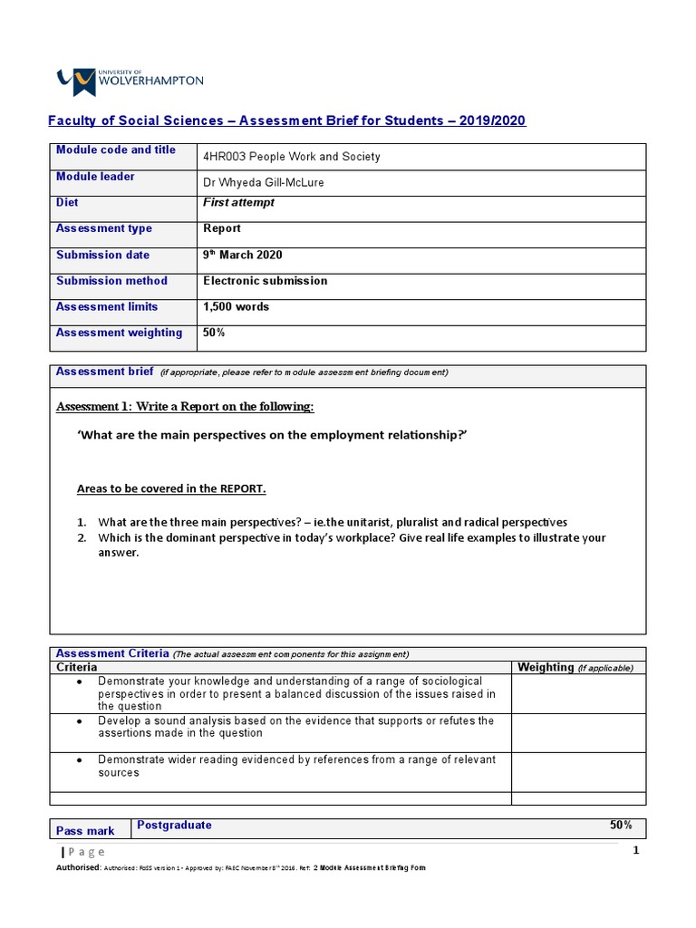 4HR003 Assessment Briefing 1 First Sit 19-20 (2) - 1 | PDF ...