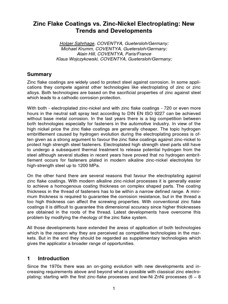 Zinc Flake Vs ZincNickel Comparison PDF Metallurgy Corrosion
