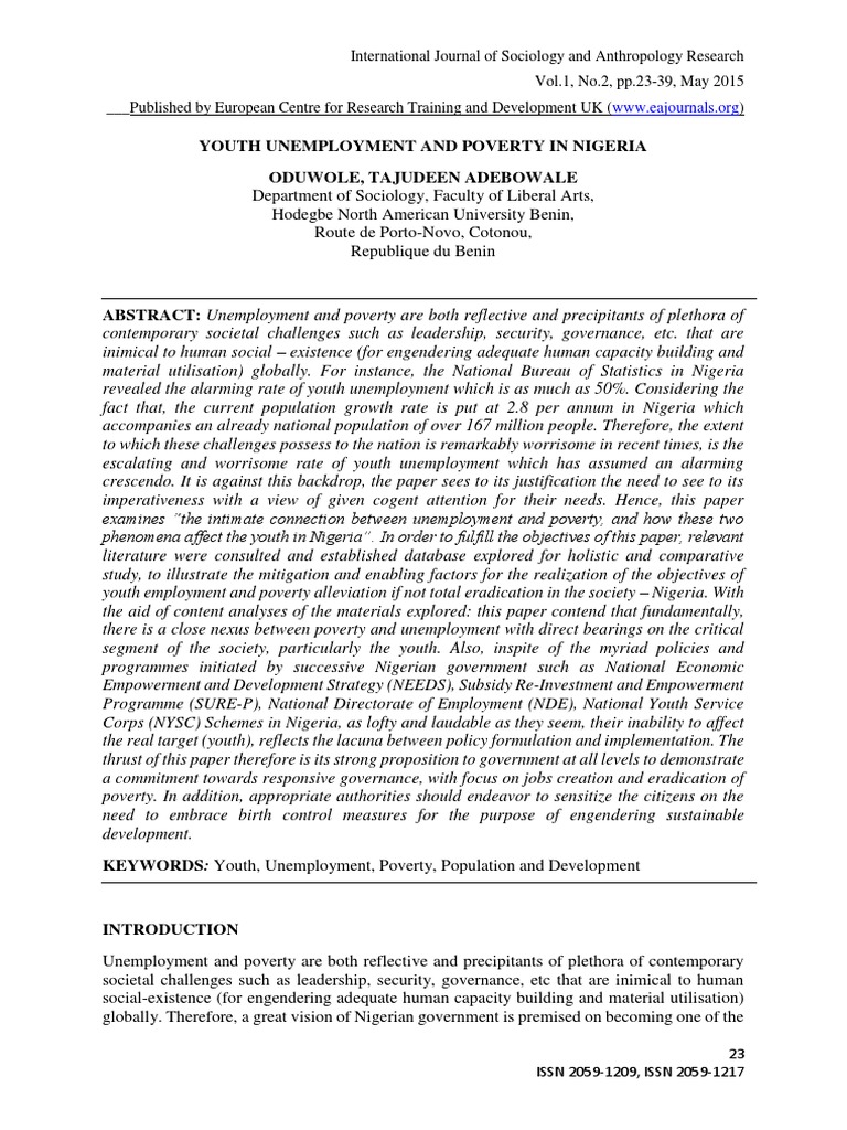 Youth Unemployment and Poverty in Nigeria | PDF | Unemployment | Social ...