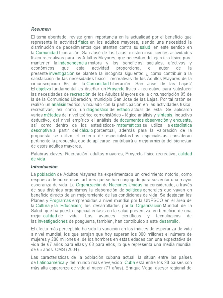 Proyecto Recreativo para Adultos Mayores | PDF | Vejez | Adultos