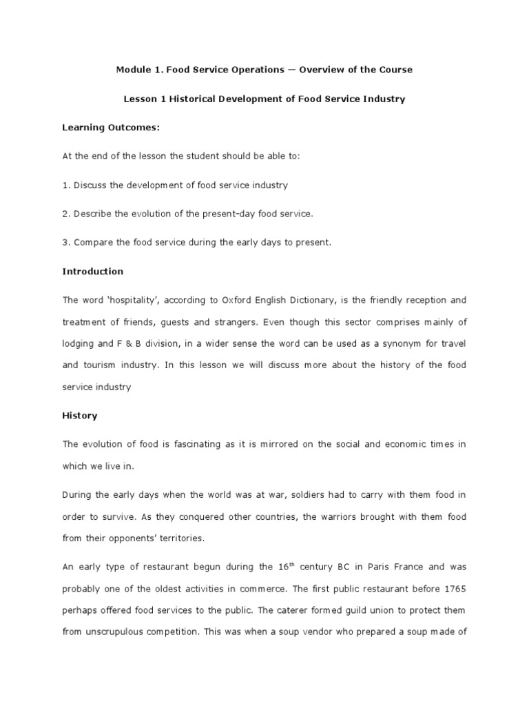 Module 1. Food Service Operations Overview of The Course Lesson 1