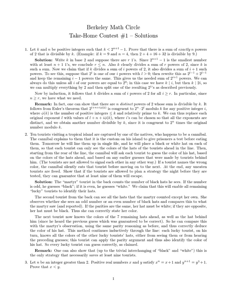 Berkeley Math Circle Contest 1 Solutions | PDF | Circle | Zero Of A ...