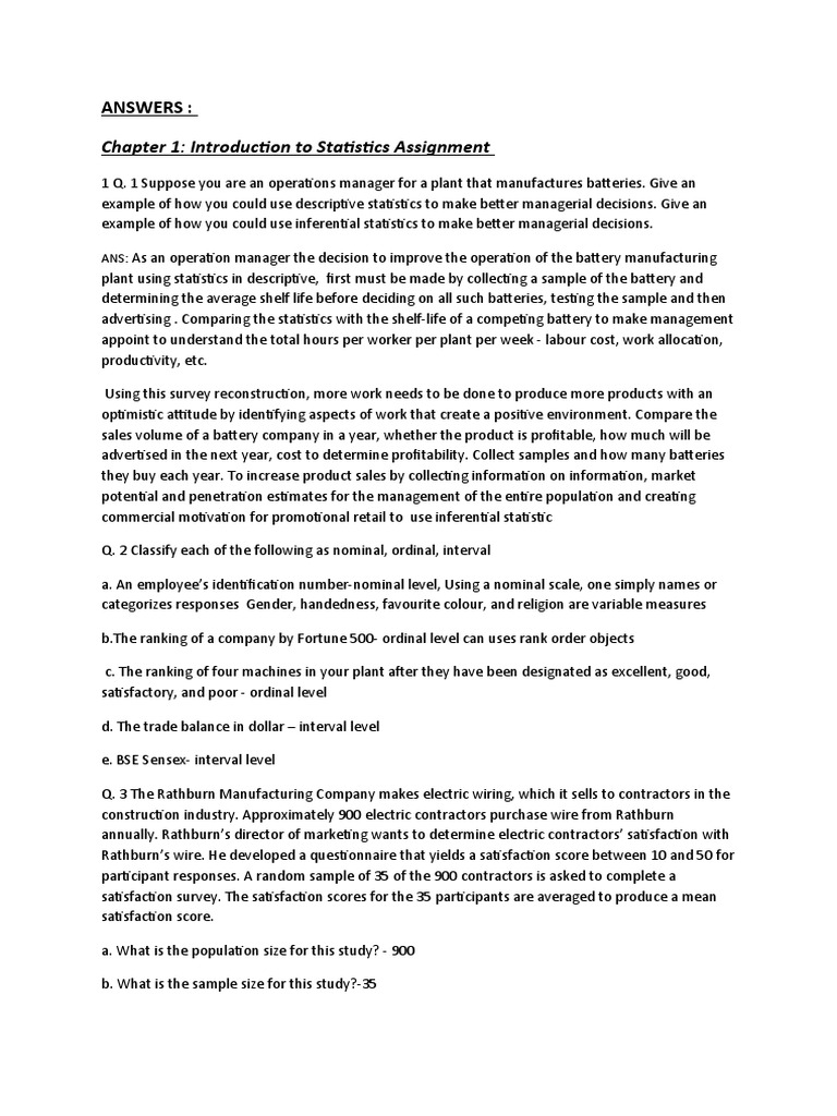 Chapter 1 Introduction To Statistics Assignment Answers Pdf Mean