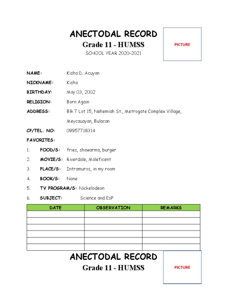 Anectodal Record: Grade 11 - HUMSS | PDF