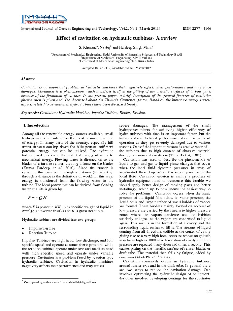 Cavitation Effects on Hydraulic Turbines | PDF | Turbine | Liquids